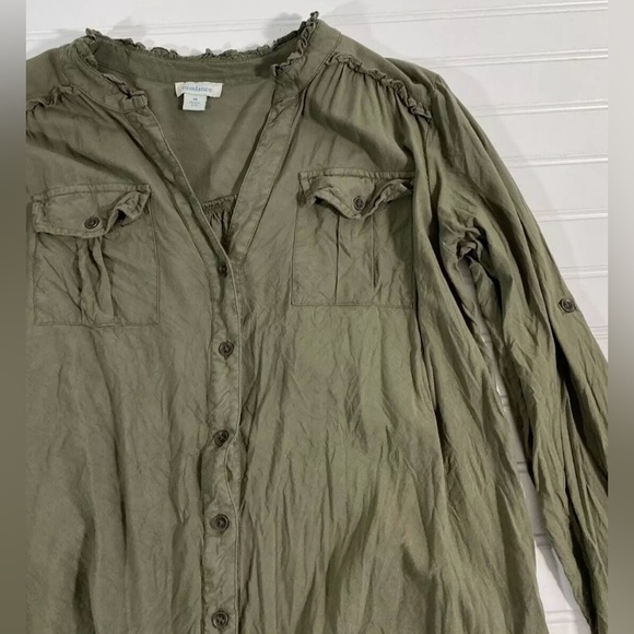 Sundance Womens Green Button Down Shirt with Ruffled Edge Size Medium Pockets - Picture 10 of 15